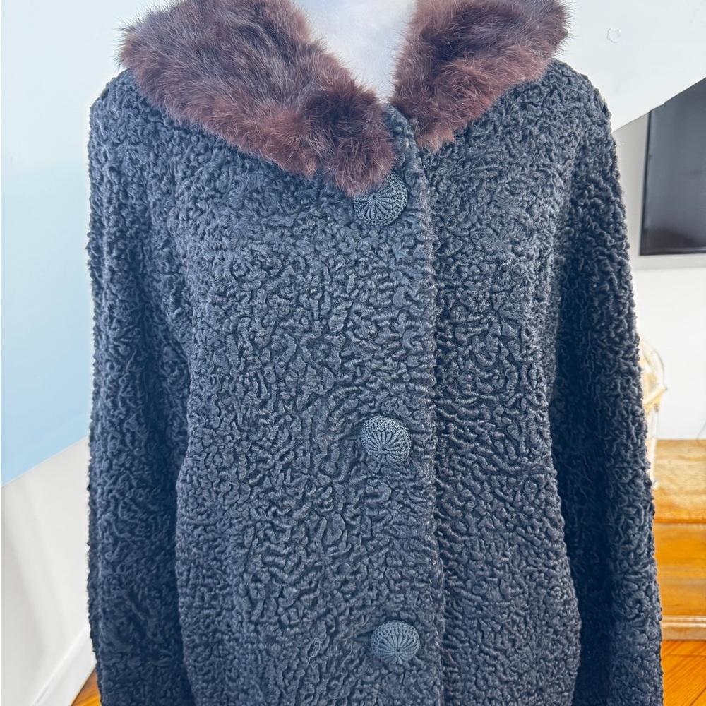 Vintage 1950s–1960s genuine Persian lamb jacket with mink collar.